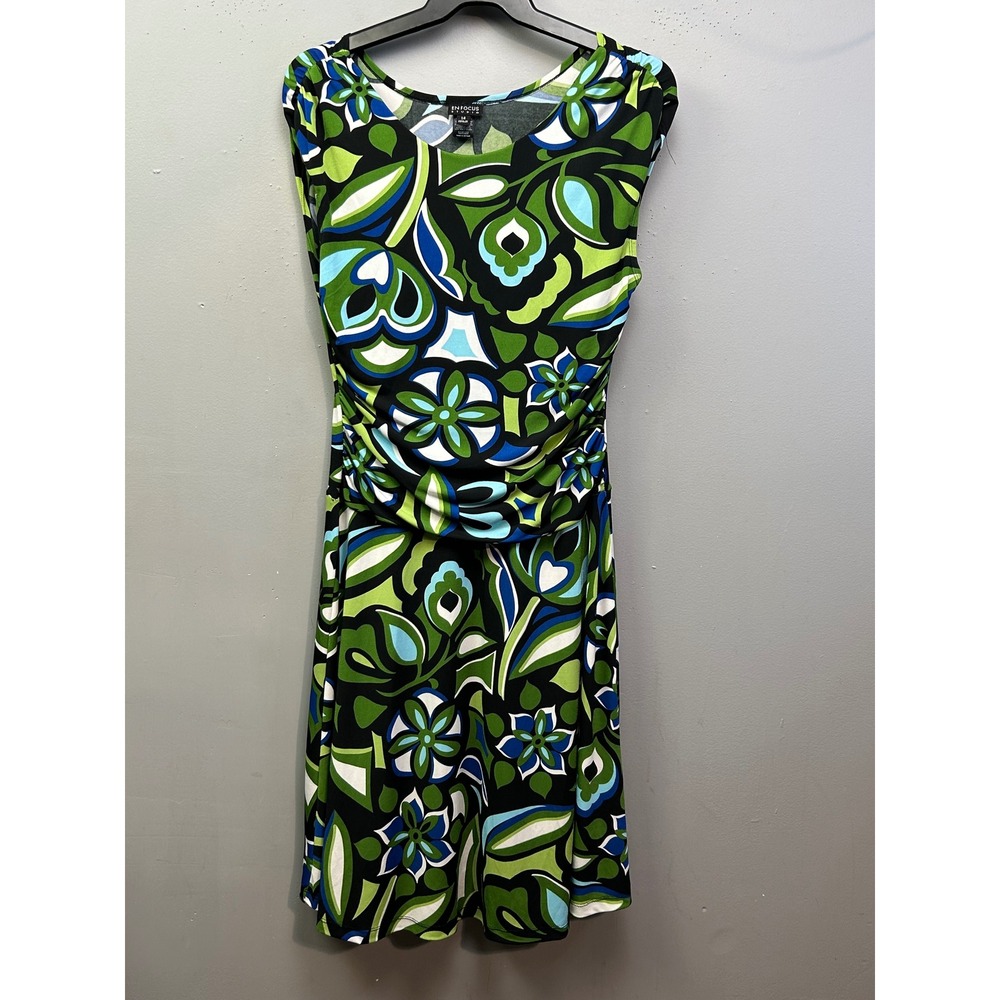 Enfocus Studio Dress Womens 14 Blue Greenā Floral Sheath Ruched Psychedelic